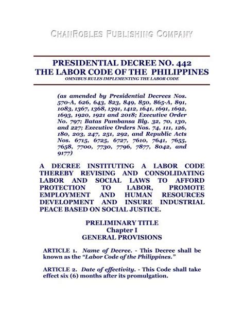 The Labor Code of The Philippines, Presidential Decree No. 442, As.